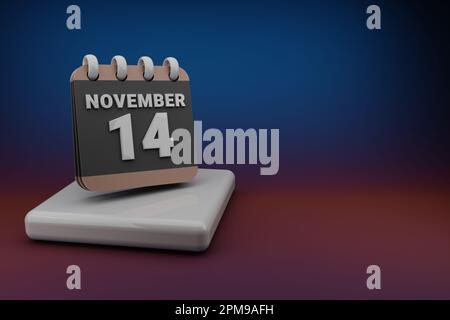 Schwarzer und roter Kalender mit Monatseinlagen und Datum November 14. Modernes Design mit goldenen Elementen, 3D Rendering Illustration. Blaugrauer Hintergr Stockfoto