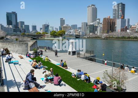 Osaka, Japan - 29. März 2023: Ein Picknick am Ufer des O-Flusses in Osaka, Japan. Stockfoto