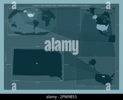 South Dakota, Bundesstaat der Vereinigten Staaten von Amerika. Diagramm, das die Position der Region auf Karten mit größerem Maßstab zeigt. Zusammensetzung von Vektorrahmen und PNG Stockfoto