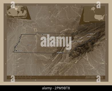 Tennessee, Bundesstaat der Vereinigten Staaten von Amerika. Höhenplan in Sepia-Tönen mit Seen und Flüssen. Standorte und Namen der wichtigsten Städte der r Stockfoto