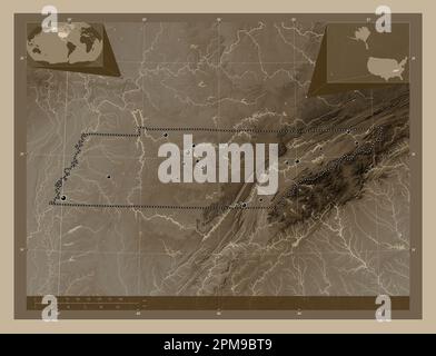 Tennessee, Bundesstaat der Vereinigten Staaten von Amerika. Höhenplan in Sepia-Tönen mit Seen und Flüssen. Standorte der wichtigsten Städte der Region. Korr Stockfoto