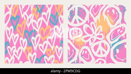 Groovy Smile nahtlose Muster in Urban Street Art Graffiti-Stil. Unterirdischer Grafikdruck mit Herzen und lustiger Gänseblümchen. RetroWave mit 90s-Style für Kinder. Unterirdisches Design in Neonpink Stock Vektor