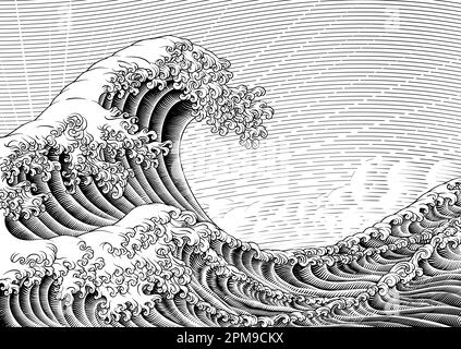 Great Wave Vintage, Japanische Gravur Im Holzschnitt-Stil Stock Vektor