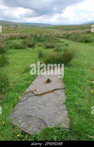 Das entfernte Ribblehead Viaduct wurde bei einem Rundgang durch Whernside gesehen. Stockfoto