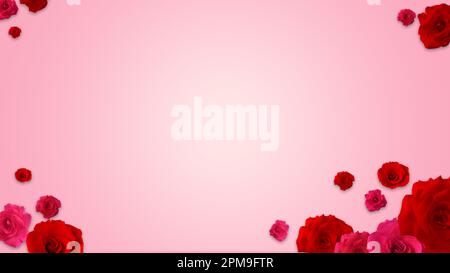 Rote Rosen auf pinkfarbenem Hintergrund mit Kopierbereich. Stockfoto
