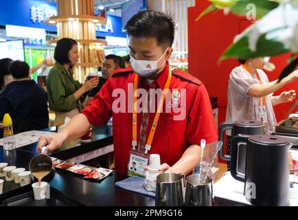 (230412) – HAIKOU, 12. April 2023 (Xinhua) – Ein Mitarbeiter serviert Besuchern auf der dritten China International Consumer Products Expo (CICPE) in Haikou, Südchina, Provinz Hainan, am 12. April 2023 Kaffee aus Indonesien. An der dritten internationalen Ausstellung für Konsumgüter in China in der südlichen Provinz Hainan nahmen Unternehmen aus Mitgliedsländern der regionalen umfassenden Wirtschaftspartnerschaft (RCEP) wie Japan, Südkorea, Australien und Thailand aktiv Teil. Die Unternehmen kommen aus wichtigen Verbrauchersektoren wie Duftstoffen und Aromen, Kosmetika, Lebensmitteln und Heidelikten Stockfoto