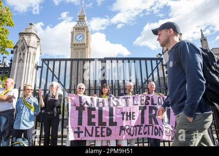 Anhänger des WikiLeaks-Gründers Julian Assange bilden eine menschliche Kette um die Houses of Parliament in London. Stockfoto