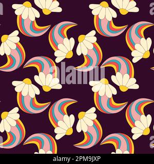 1970 Regenbogen mit Gänseblümchenmuster. Toller Hippie-Retro-Hintergrund. Abstrakter psychedelischer Cartoon-Stil im Vintage 90 Y2K. Vektordarstellung. Stock Vektor