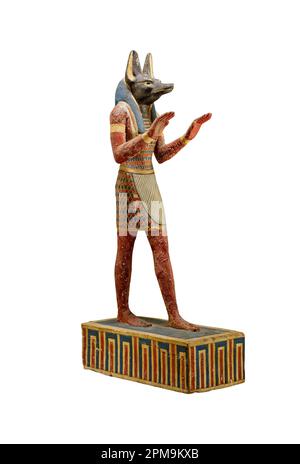 Alte ägyptische Statuette gottes Anubis, isoliert auf weißem Hintergrund. Anubis ist der gott der Bestattungsriten, Beschützer der Gräber und Führer der Ununde Stockfoto