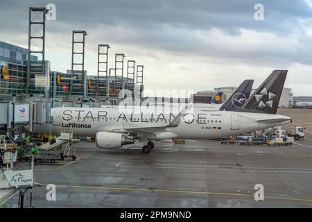 Frankfurt, Deutschland - 7. Februar 2022: Schlechte Witterungsbedingungen am Flughafen Frankfurt. Stockfoto
