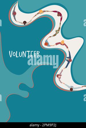 Kopierbereich für Poster. Das Konzept der Freiwilligen. Multikulturelle Menschen, die Händchen halten. Vielfalt der Menschen. Hände im Kreis. NRO-Hilfe. Solidarität. Rekrutierung Stock Vektor