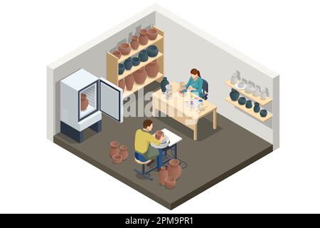 Isometrische Keramik-Werkstatt. Töpferei ist die Erzeugung von Gefäßen und anderen Gegenständen aus Ton, die bei hohen Temperaturen abgefeuert werden, um ihnen einen Härtegrad zu verleihen Stock Vektor