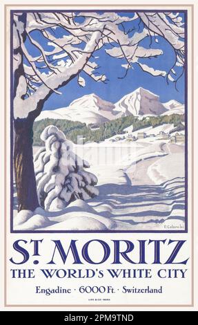 ST. MORITZ Vintage Travel Poster St. Moritz – die Weiße Stadt der Welt – Engadine – 6000 Ft. – Schweiz Winterszene malerisches Luxus-Skigebiet Datum 1929 Lithograf Plinio Colombi: Stockfoto