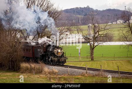 Eine alte Dampflokomotive fährt durch eine üppig grüne Landschaft Stockfoto