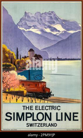 Vintage Swiss Travel Poster The Electric Simplon Line - Schweiz. Swiss Federal Railways Bern Datum 1928 von Emil Cardinaux, Stockfoto