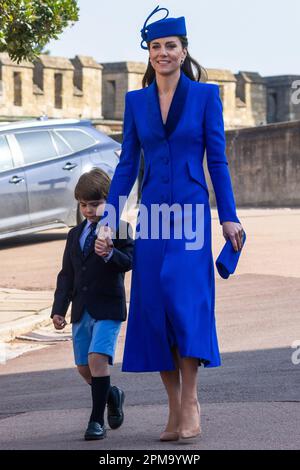 Windsor, Großbritannien. 9. April 2023. Catherine, Prinzessin von Wales, und Prinz Louis, 4, kommen an, um an der Ostersonntagskirche im St. George's CHAP teilzunehmen Stockfoto