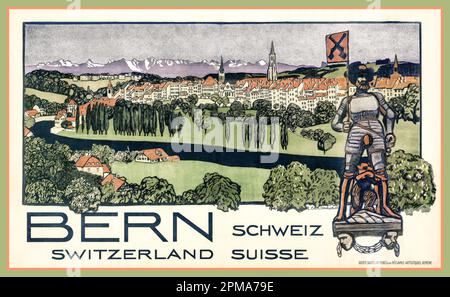 BERN Vintage 1900er Travel Poster Bern - Schweiz, Schweiz, Schweiz, Schweiz Datum 1906 mit Mann in Rüstungsanzug und zeremonieller Wache, die die Kantonflagge von Bern hält. Schweiz von Künstler Emil Cardinaux (1877–1936) Stockfoto