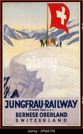 Vintage 1920er Travel Poster Jungfrau Railway. Berner Oberland 11.400ft. Schweizer Flaggen-Schneebirge Stockfoto