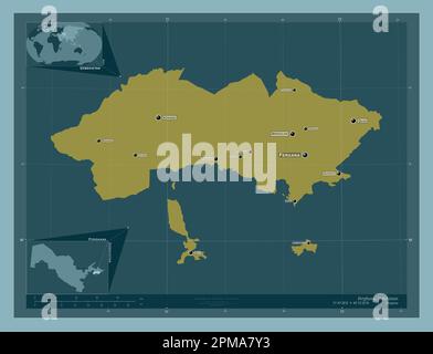 Ferghana, Region Usbekistan. Durchgehende Farbform. Standorte und Namen der wichtigsten Städte der Region. Eckkarten für zusätzliche Standorte Stockfoto