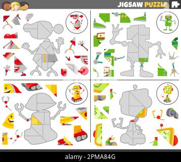 Cartoon-Darstellung von pädagogischen Puzzlespielen mit lustigen Roboterfiguren Stock Vektor