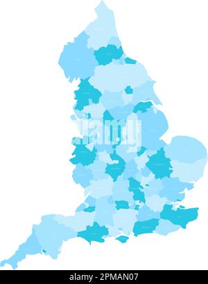 Karte der Verwaltungsbereiche in England. Metropolregionen und nicht-Metropolregionen und Einheitsbehörden. Blaue Vektorkarte mit Beschriftungen. Stock Vektor