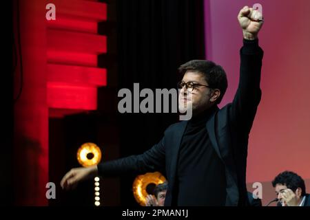 Marseille, Frankreich. 8. April 2023. Der Bürgermeister von Marseille Benoit Payan wird auf der Bühne gesehen, um während des 39. Kongresses der französischen Kommunistischen Partei (PCF) eine Rede zu halten. Der 39. Kongress der französischen Kommunistischen Partei (PCF) findet vom 7. Bis 10. April 2023 in Marseille statt. Sie ernennt Fabien Roussel zu ihrem Anführer. (Kreditbild: © Laurent Coust/SOPA Images via ZUMA Press Wire) NUR REDAKTIONELLE VERWENDUNG! Nicht für den kommerziellen GEBRAUCH! Stockfoto
