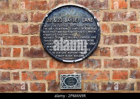 The 22 and 23 Bayley Lane Plaque, Coventry City, West Midlands, England, Großbritannien Stockfoto