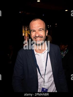 Marseille, Frankreich. 8. April 2023. Manuel Bompard (von der LFI-Partei) ist während des 39. Kongresses der französischen Kommunistischen Partei (PCF) zu sehen. Der 39. Kongress der französischen Kommunistischen Partei (PCF) findet vom 7. Bis 10. April 2023 in Marseille statt. Sie ernennt Fabien Roussel zu ihrem Anführer. (Kreditbild: © Laurent Coust/SOPA Images via ZUMA Press Wire) NUR REDAKTIONELLE VERWENDUNG! Nicht für den kommerziellen GEBRAUCH! Stockfoto