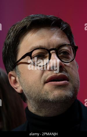 Marseille, Frankreich. 8. April 2023. Benoit Payan, Bürgermeister von Marseille während des 39. Kongresses der Kommunistischen Partei Frankreichs (PCF). Der 39. Kongress der französischen Kommunistischen Partei (PCF) findet vom 7. Bis 10. April 2023 in Marseille statt. Sie ernennt Fabien Roussel zu ihrem Anführer. (Kreditbild: © Laurent Coust/SOPA Images via ZUMA Press Wire) NUR REDAKTIONELLE VERWENDUNG! Nicht für den kommerziellen GEBRAUCH! Stockfoto