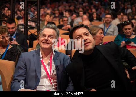 Marseille, Frankreich. 8. April 2023. (Von L bis R): Fabien Roussel und benoit Payan sind während des 39. Kongresses der Kommunistischen Partei Frankreichs (PCF) zu sehen. Der 39. Kongress der französischen Kommunistischen Partei (PCF) findet vom 7. Bis 10. April 2023 in Marseille statt. Sie ernennt Fabien Roussel zu ihrem Anführer. (Kreditbild: © Laurent Coust/SOPA Images via ZUMA Press Wire) NUR REDAKTIONELLE VERWENDUNG! Nicht für den kommerziellen GEBRAUCH! Stockfoto