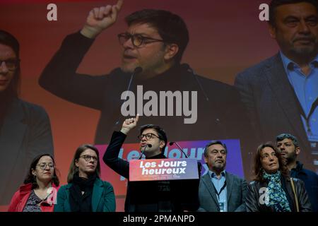 Marseille, Frankreich. 8. April 2023. Der Bürgermeister von Marseille Benoit Payan wird auf der Bühne gesehen, um während des 39. Kongresses der französischen Kommunistischen Partei (PCF) eine Rede zu halten. Der 39. Kongress der französischen Kommunistischen Partei (PCF) findet vom 7. Bis 10. April 2023 in Marseille statt. Sie ernennt Fabien Roussel zu ihrem Anführer. (Kreditbild: © Laurent Coust/SOPA Images via ZUMA Press Wire) NUR REDAKTIONELLE VERWENDUNG! Nicht für den kommerziellen GEBRAUCH! Stockfoto