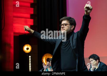 Marseille, Frankreich. 8. April 2023. Der Bürgermeister von Marseille Benoit Payan wird auf der Bühne gesehen, um während des 39. Kongresses der französischen Kommunistischen Partei (PCF) eine Rede zu halten. Der 39. Kongress der französischen Kommunistischen Partei (PCF) findet vom 7. Bis 10. April 2023 in Marseille statt. Sie ernennt Fabien Roussel zu ihrem Anführer. (Kreditbild: © Laurent Coust/SOPA Images via ZUMA Press Wire) NUR REDAKTIONELLE VERWENDUNG! Nicht für den kommerziellen GEBRAUCH! Stockfoto
