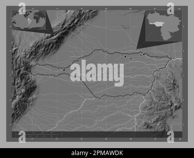 Apure, Staat Venezuela. Bilevel-Höhenkarte mit Seen und Flüssen. Standorte der wichtigsten Städte der Region. Eckkarten für zusätzliche Standorte Stockfoto