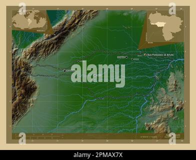Apure, Staat Venezuela. Farbige Höhenkarte mit Seen und Flüssen. Standorte und Namen der wichtigsten Städte der Region. Ecke Zusatzgerät m Stockfoto