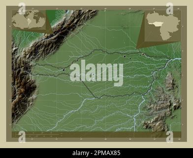 Apure, Staat Venezuela. Höhenkarte im Wiki-Stil mit Seen und Flüssen. Standorte der wichtigsten Städte der Region. Zusätzliche Eckpunkte Stockfoto