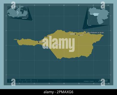 Apure, Staat Venezuela. Durchgehende Farbform. Standorte und Namen der wichtigsten Städte der Region. Eckkarten für zusätzliche Standorte Stockfoto