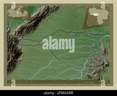 Apure, Staat Venezuela. Höhenkarte im Wiki-Stil mit Seen und Flüssen. Standorte und Namen der wichtigsten Städte der Region. Ecke autokorr Stockfoto