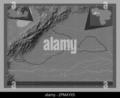 Barinas, Staat Venezuela. Bilevel-Höhenkarte mit Seen und Flüssen. Standorte der wichtigsten Städte der Region. Eckkarten für zusätzliche Standorte Stockfoto
