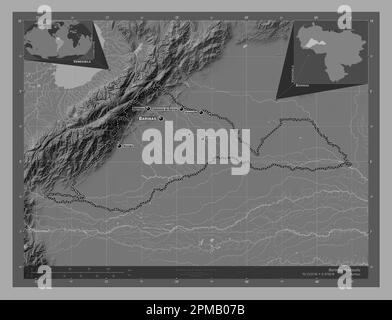 Barinas, Staat Venezuela. Bilevel-Höhenkarte mit Seen und Flüssen. Standorte und Namen der wichtigsten Städte der Region. Lage der Zusatzgeräte an der Ecke Stockfoto