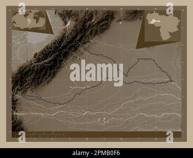 Barinas, Staat Venezuela. Höhenplan in Sepia-Tönen mit Seen und Flüssen. Eckkarten für zusätzliche Standorte Stockfoto