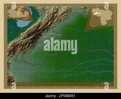 Barinas, Staat Venezuela. Farbige Höhenkarte mit Seen und Flüssen. Standorte und Namen der wichtigsten Städte der Region. Lage der Zusatzgeräte an der Ecke Stockfoto