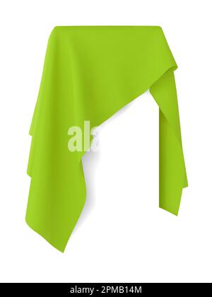 Grüner Stoff, der eine leere Schablone für Mobiltelefone, Malereien oder andere rechteckige Objekte oder Ihr Design abdeckt. Konzept der Neuauflage, Enthüllung. Stock Vektor