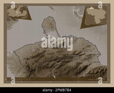 Falcon, Staat Venezuela. Höhenplan in Sepia-Tönen mit Seen und Flüssen. Standorte und Namen der wichtigsten Städte der Region. Ecke Auxi Stockfoto