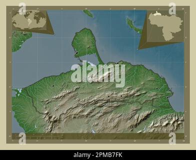 Falcon, Staat Venezuela. Höhenkarte im Wiki-Stil mit Seen und Flüssen. Standorte der wichtigsten Städte der Region. Ecke Zusatzposition Stockfoto