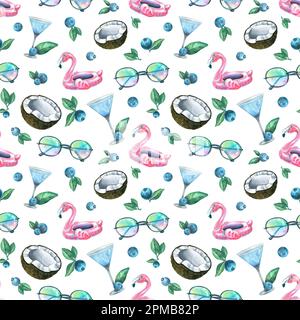 Tropische Cocktails, Kokosnüsse, rosa Flamingos, Blaubeeren, Sonnenbrille. Aquarelldarstellung. Nahtloses Muster auf weißem Hintergrund vom STRAND Stockfoto