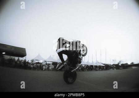 Motorrad-Stuntman, hinterer Radständer Stockfoto