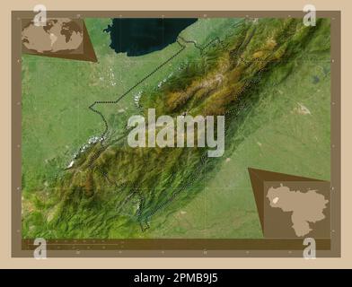 Merida, Staat Venezuela. Satellitenkarte mit niedriger Auflösung. Eckkarten für zusätzliche Standorte Stockfoto