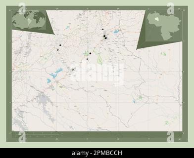 Portugiesa, Staat Venezuela. Straßenkarte Öffnen. Standorte der wichtigsten Städte der Region. Eckkarten für zusätzliche Standorte Stockfoto