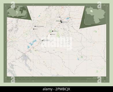 Portugiesa, Staat Venezuela. Straßenkarte Öffnen. Standorte und Namen der wichtigsten Städte der Region. Eckkarten für zusätzliche Standorte Stockfoto