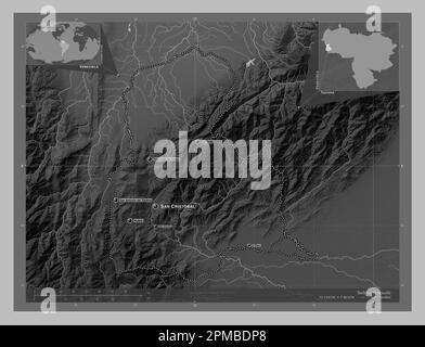 Tachira, Staat Venezuela. Grauskala-Höhenkarte mit Seen und Flüssen. Standorte und Namen der wichtigsten Städte der Region. Zusätzliche Eckpunkte Stockfoto